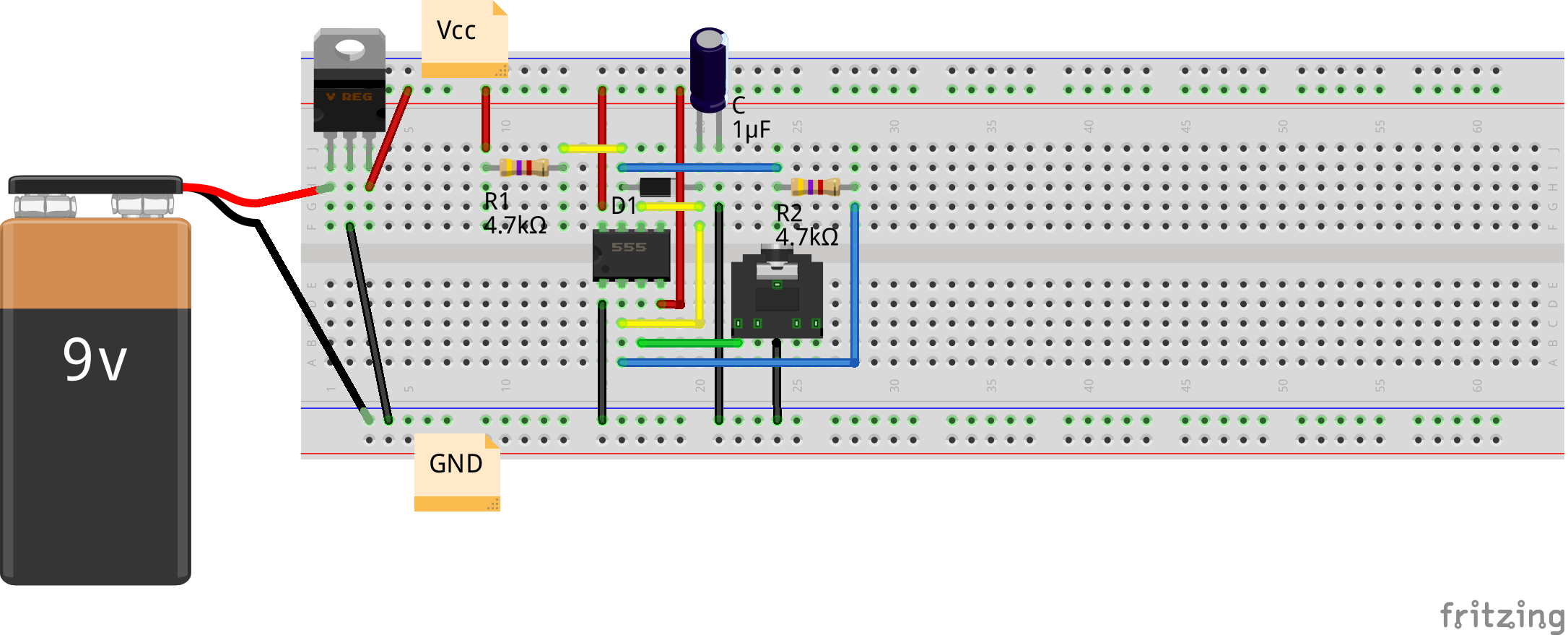 Approximate Symmetric Square Wave using 555 (Breadboard)